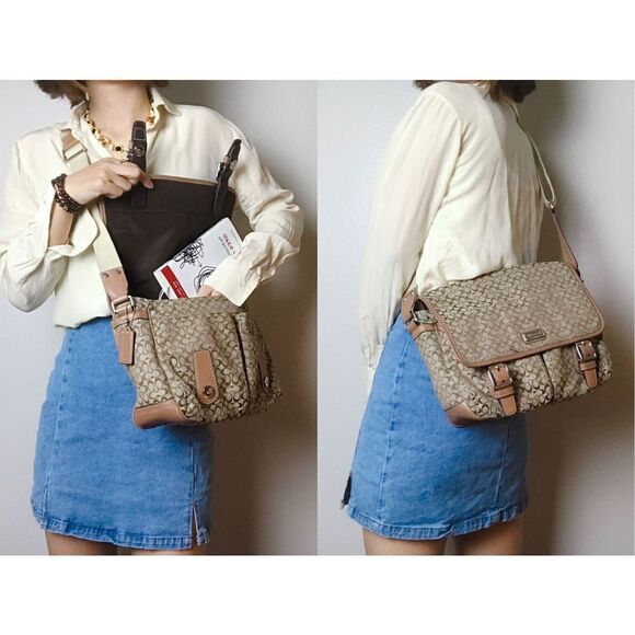 Coach Handbags - Coach Rare Vintage Medium Signature Beige Canvas & Leather Messenger Bag Satchel